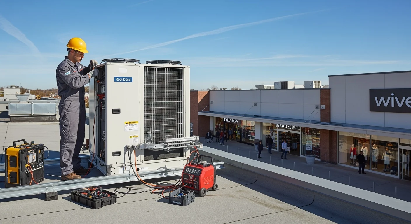 A Service Line Air and Heat technician inspecting a commercial make-up air unit (MAU) to ensure proper building pressure and fresh air ventilation.