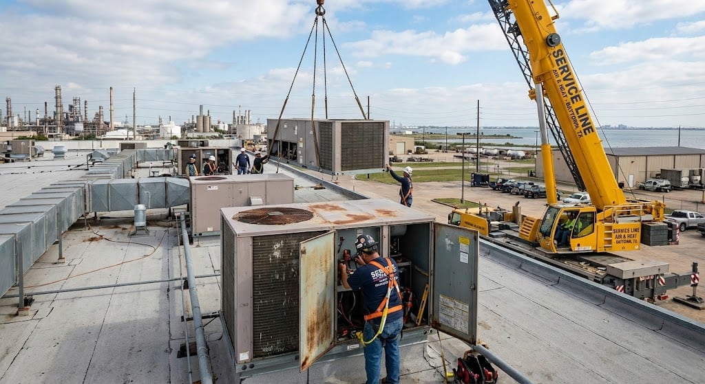 Service Line Air and Heat technicians performing a full replacement and maintenance service on a commercial RTU rooftop air conditioning system.
