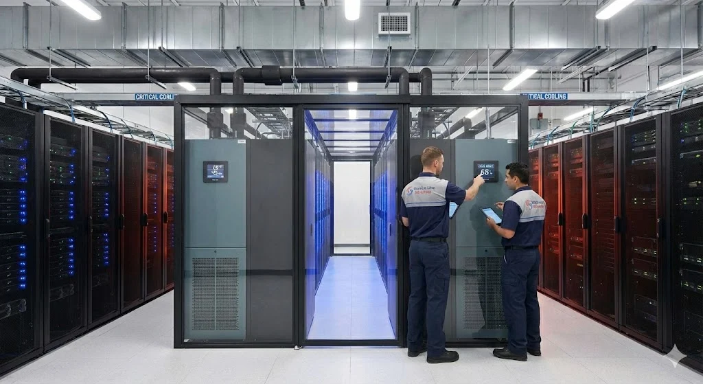 A diagram illustrating the hot aisle and cold aisle containment strategy implemented by Service Line Air and Heat to optimize server room cooling efficiency.