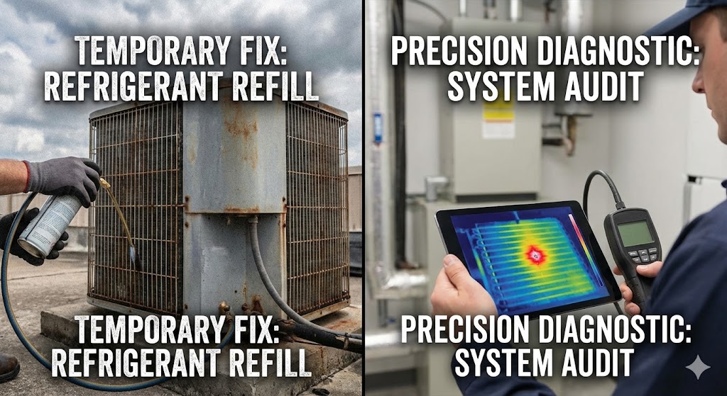 Split-screen comparison: Left side shows a basic refrigerant refill on an old AC unit (temporary fix); right side shows a technician using a tablet with thermal imaging to locate a microscopic leak in a clean, modern mechanical room (permanent fix).