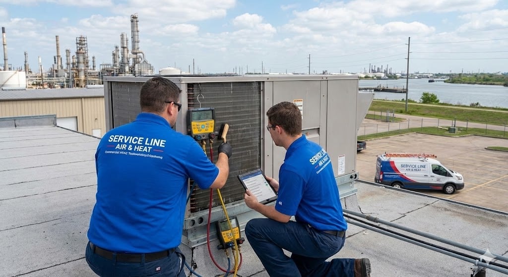 A Service Line Air and Heat technician performing a multi-point inspection and cleaning on a commercial HVAC system to prevent future breakdowns.