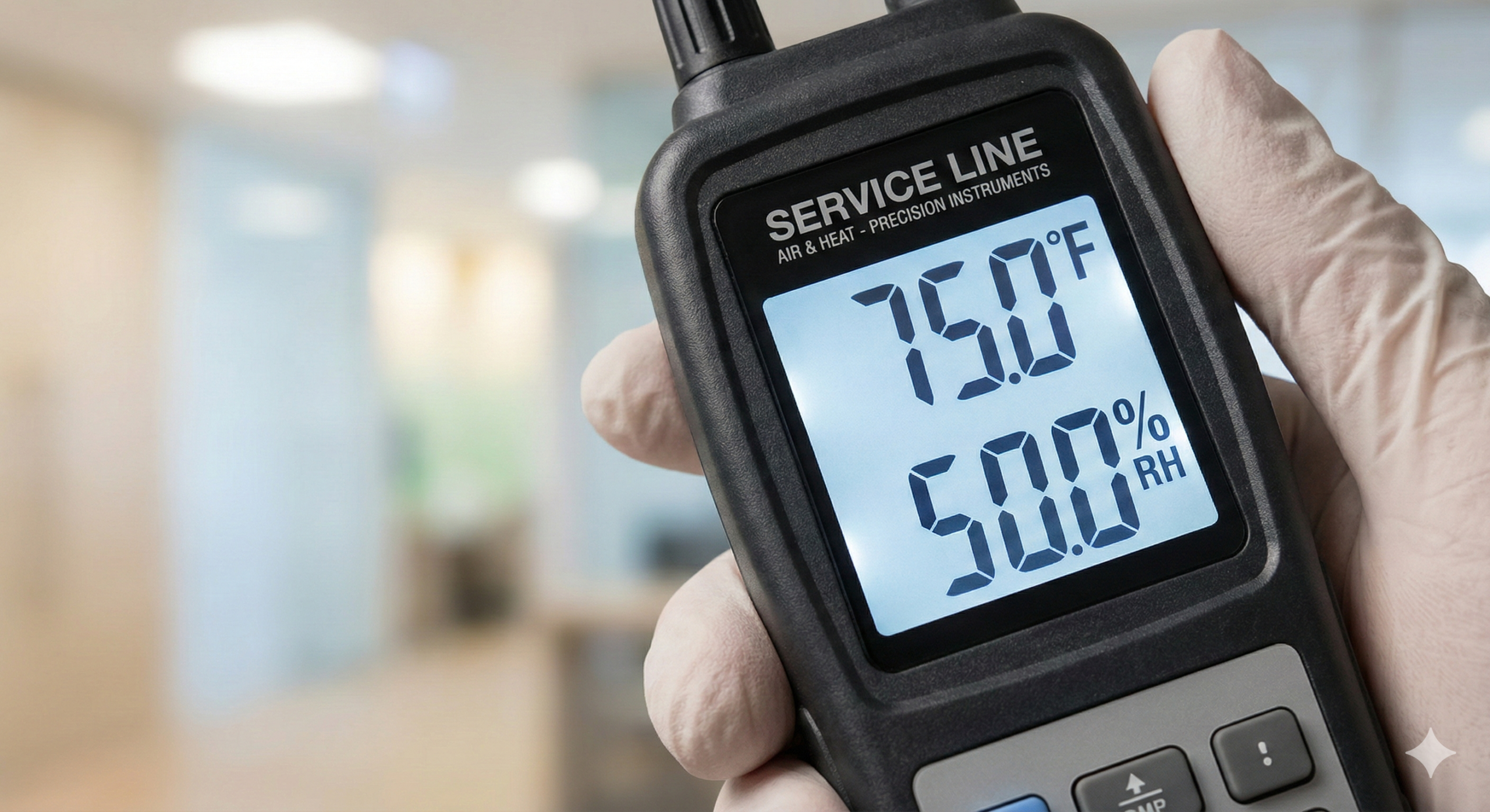A digital hygrometer displaying the ideal indoor humidity range achieved by a Service Line Air and Heat climate control system.