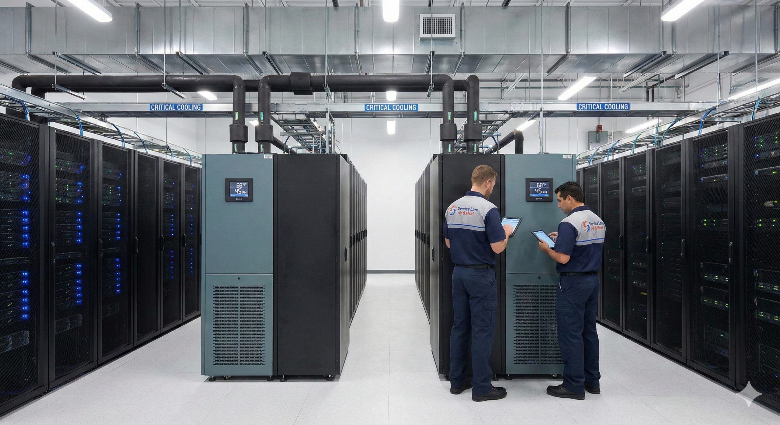 Service Line Air and Heat installing a specialized mini-split and climate control system for a commercial server room to prevent hardware overheating.
