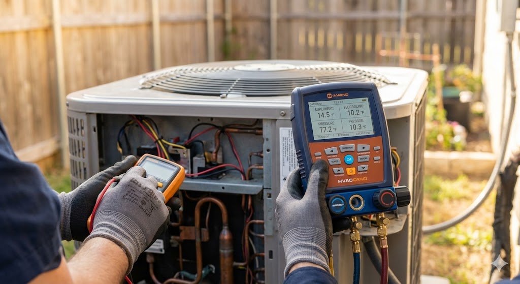 Close-up of an HVAC engineer using an advanced digital manifold gauge and multimeter to perform root-cause AC repair diagnostics on a residential condenser in Baytown, TX.