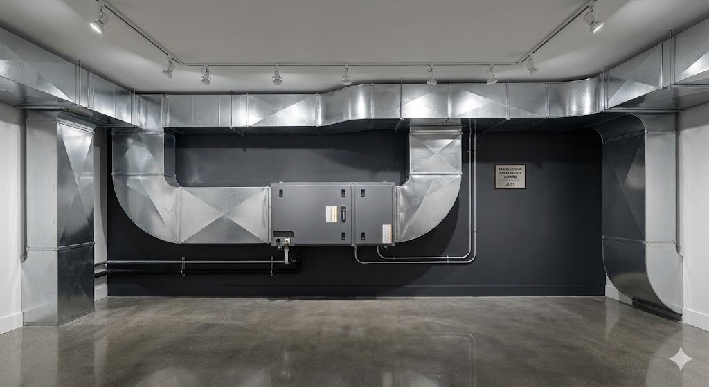 A professional photograph of a modern, high-end commercial HVAC mechanical room. The image features a large custom air handling unit, intricate galvanized steel ductwork runs, a large grey thermal storage tank, and red fire protection piping. The room is clean with black and red finished walls, a tiled floor, and an open grid ceiling with LED lighting.