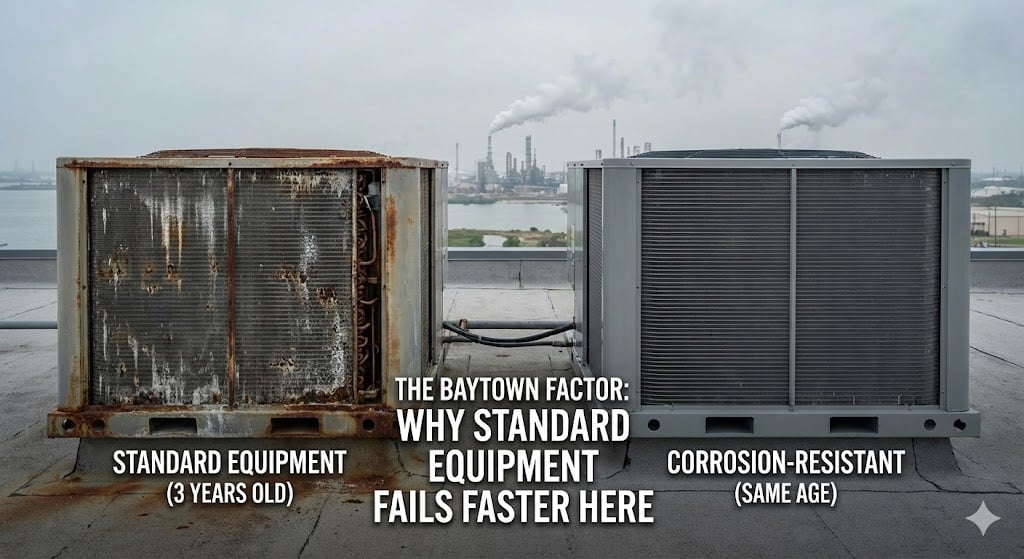 The Baytown Factor: Coastal Industrial HVAC Corrosion vs. Defense A side-by-side comparison photo on a commercial rooftop overlooking Baytown refineries, showing a heavily rusted standard HVAC unit next to a clean, corrosion-resistant coated unit of the same age.