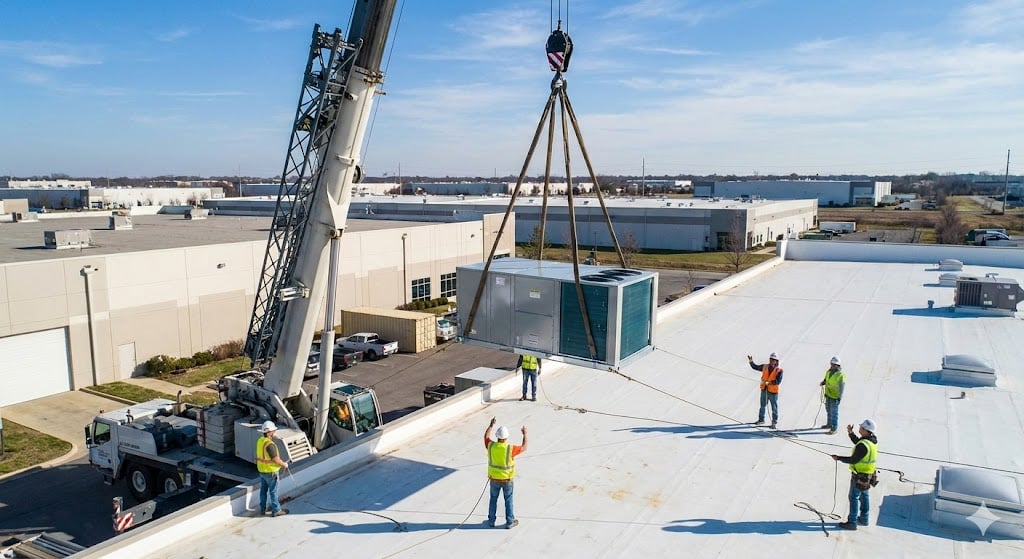Precision crane lift and logistics for a commercial rooftop unit (RTU) retrofit in Baytown, TX.