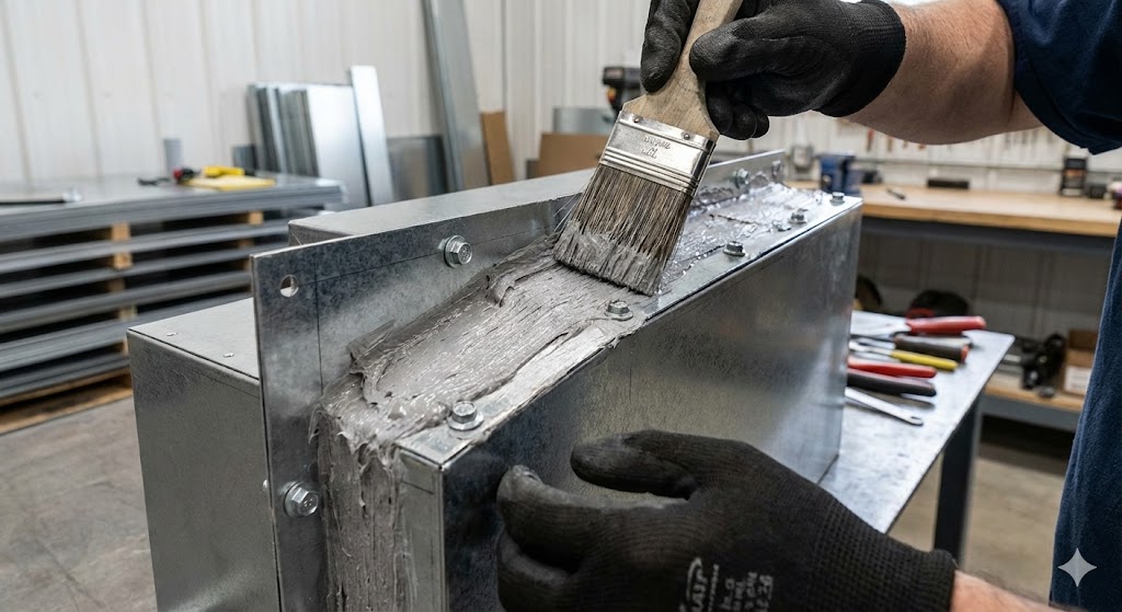 A technician applies fibrous duct mastic sealant over mechanical hex-head fasteners on a custom-fabricated 26-gauge galvanized steel HVAC plenum to ensure an airtight seal.