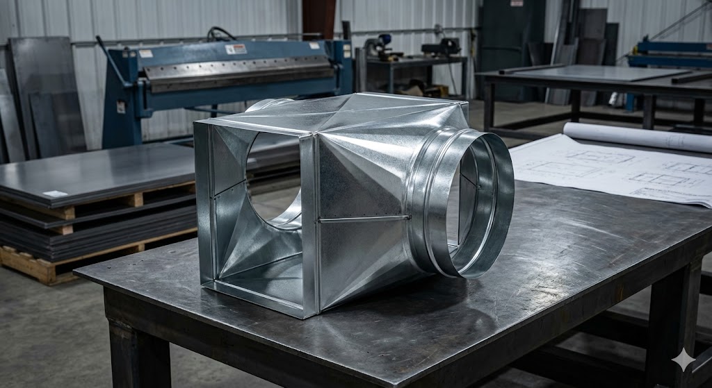 A precision-fabricated 26-gauge galvanized steel square-to-round HVAC transition piece resting on a metal workbench in an active sheet metal shop, with blueprints and a metal brake in the background.