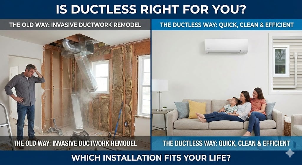 A split-screen comparison titled "IS DUCTLESS RIGHT FOR YOU?". The left side shows a stressed homeowner amid a messy construction zone with exposed walls and bulky metal ductwork. The right side shows a relaxed family on a sofa in a clean living room with a sleek wall-mounted ductless mini-split unit. The bottom text reads, "WHICH INSTALLATION FITS YOUR LIFE?".