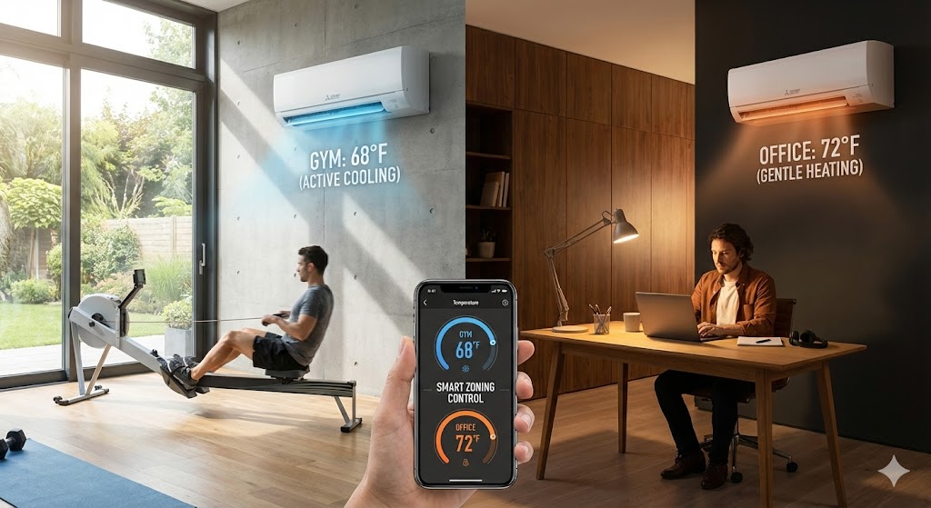 A split-screen showing ductless smart zoning in a modern home. The left side features a home gym actively cooled to 68 degrees by a wall-mounted mini-split, while the right side shows a home office gently heated to 72 degrees. A hand in the foreground holds a smartphone app controlling both temperature zones independently.