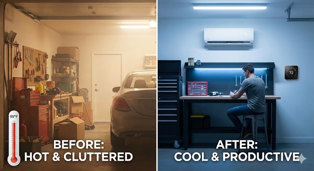 A split-screen before and after comparison of a garage. The left side shows a hot, 95-degree cluttered garage with a car and storage boxes. The right side shows a cool, 72-degree organized workshop where a man works comfortably under a new wall-mounted ductless mini-split AC unit.