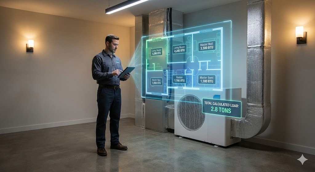 An HVAC engineer in a modern mechanical room uses a tablet to project a glowing augmented reality floor plan. The AR overlay displays Manual J load calculations, including room-by-room BTUs and a total calculated load of 2.8 tons, superimposed over a sleek indoor heat pump and ductwork.