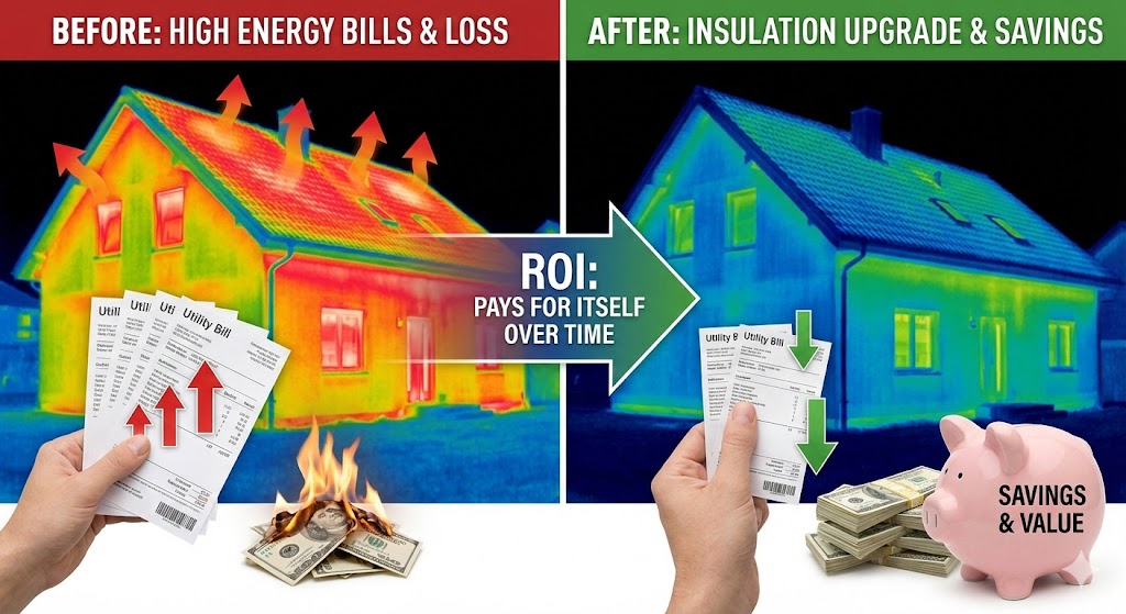 A split-screen thermal imaging comparison showing the ROI of insulation. The 'Before' side shows a house losing heat in red, rising utility bills, and burning money. The 'After' side shows a blue, well-insulated house, lower utility bills, stacked cash, and a piggy bank representing savings.