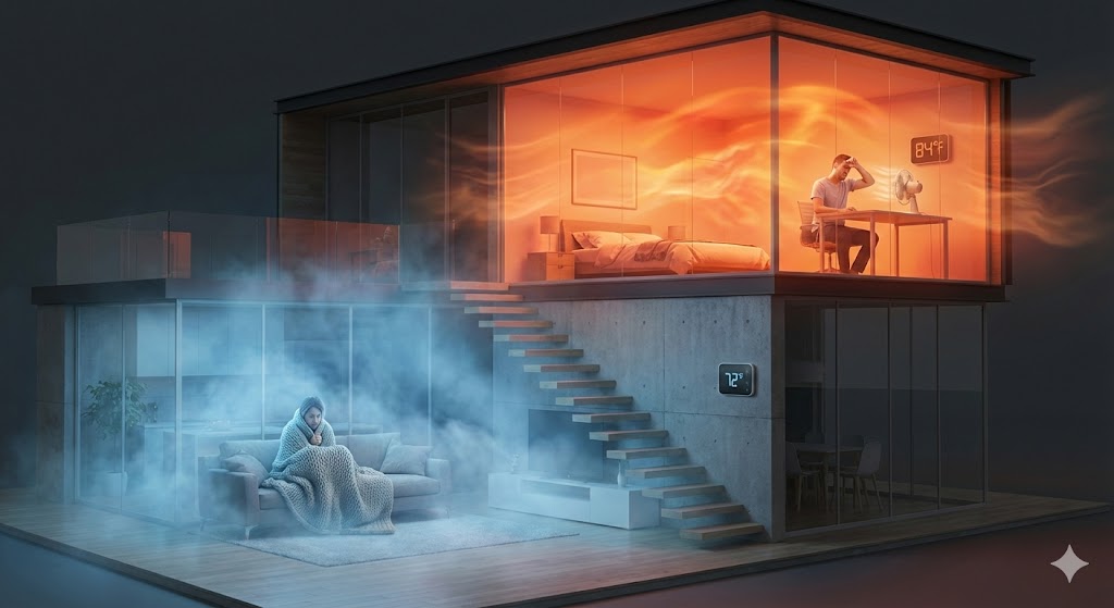 A 3D architectural cutaway illustration demonstrating the hot upstairs cold downstairs HVAC problem in a two-story home. The ground floor is freezing with cool blue mist and a person shivering under a blanket near a 72°F thermostat. The second floor is sweltering with orange heat and a person sweating near a fan with an 84°F temperature readout.