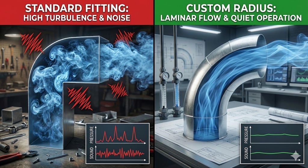 A split-screen technical visualization comparing HVAC airflow physics. The left panel shows a standard sharp 90-degree duct fitting creating high turbulence, noise, and erratic static pressure spikes. The right panel shows a custom-fabricated sweeping radius elbow demonstrating smooth laminar airflow, quiet operation, and stable low pressure.