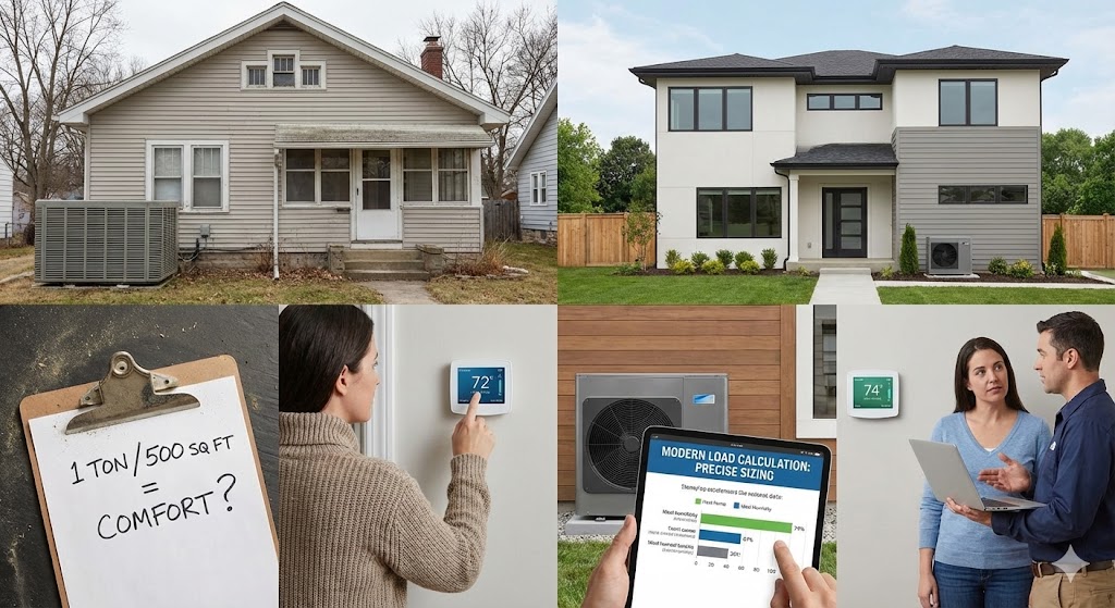 A four-panel split photo comparing HVAC sizing methods. The left panels show an older home with a clipboard questioning the old "1 TON / 500 SQ FT" rule of thumb. The right panels show a modern home with a technician using a tablet to demonstrate scientific "MODERN LOAD CALCULATION: PRECISE SIZING" to a homeowner.