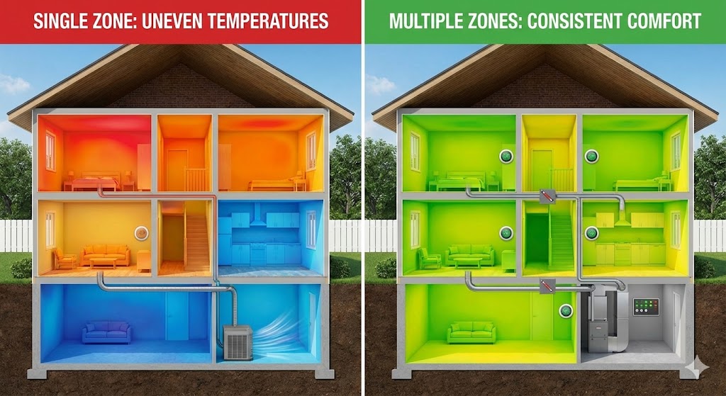 A split-screen infographic comparing residential HVAC strategies. The left panel, labeled "SINGLE ZONE," shows a three-story house with significant temperature variance (hot upstairs, cold basement) controlled by one thermostat. The right panel, labeled "MULTIPLE ZONES," shows the same house with uniform, comfortable temperatures across all levels, achieved through multiple thermostats and motorized dampers in the ductwork.