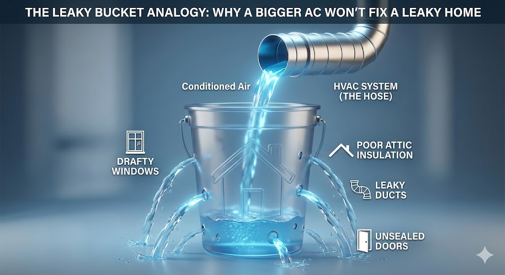 A 3D conceptual illustration of the leaky bucket analogy for HVAC efficiency. Conditioned air from an HVAC duct pours into a translucent bucket shaped like a house, but the air immediately leaks out through holes labeled drafty windows, poor attic insulation, leaky ducts, and unsealed doors.