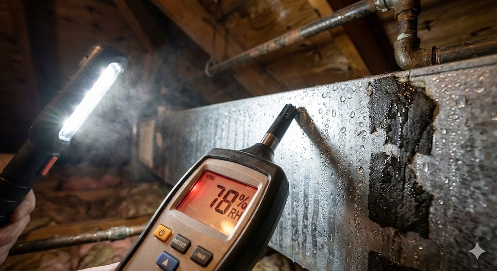 Extreme close-up of a digital HVAC psychrometer displaying a dangerous 78% relative humidity reading against sweating, poorly insulated sheet metal ductwork in a Mont Belvieu attic.