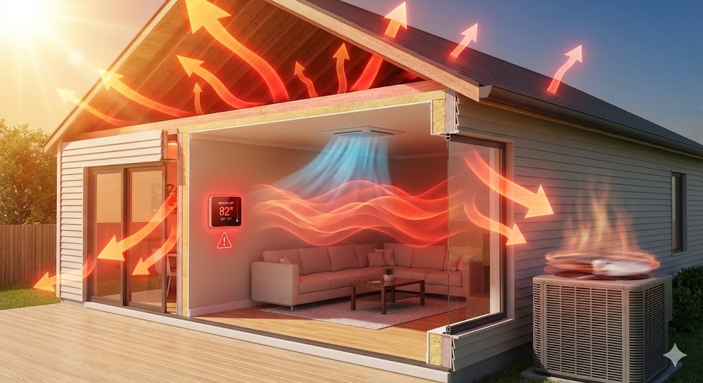 A 3D architectural cutaway visualization showing intense red thermal heat gain arrows penetrating a home's roof and windows, overwhelming the cool blue airflow from an indoor ceiling AC unit. A smart thermostat inside displays a red warning and reads 82°F despite being set to 72°F, while the outdoor AC condenser runs constantly.