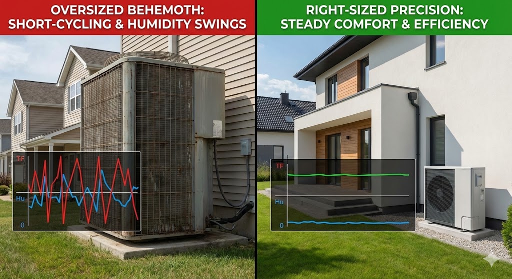 A split-screen infographic comparing HVAC sizing. The left panel, labeled "OVERSIZED BEHEMOTH," shows a massive, old AC unit with a graph indicating erratic temperature and humidity swings due to short-cycling. The right panel, labeled "RIGHT-SIZED PRECISION," shows a sleek, modern heat pump with a graph showing stable, consistent temperature and humidity control.