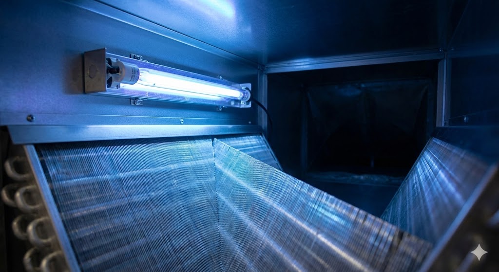 Close-up of a commercial-grade UV-C germicidal light illuminating a pristine HVAC evaporator coil inside a custom sheet metal plenum to prevent biological growth in Baytown, TX.