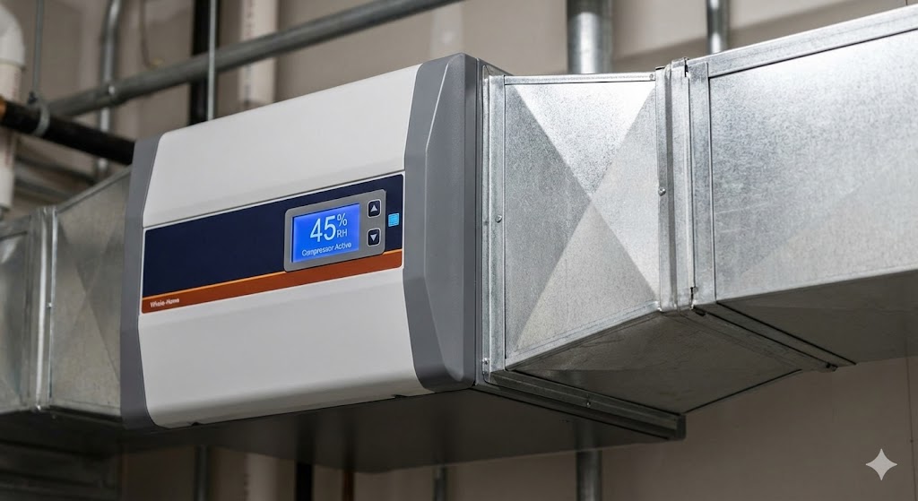 Commercial-grade whole-home dehumidifier flawlessly integrated into a custom-fabricated sheet metal HVAC return plenum, displaying a precise 45% relative humidity in a Baytown mechanical room.