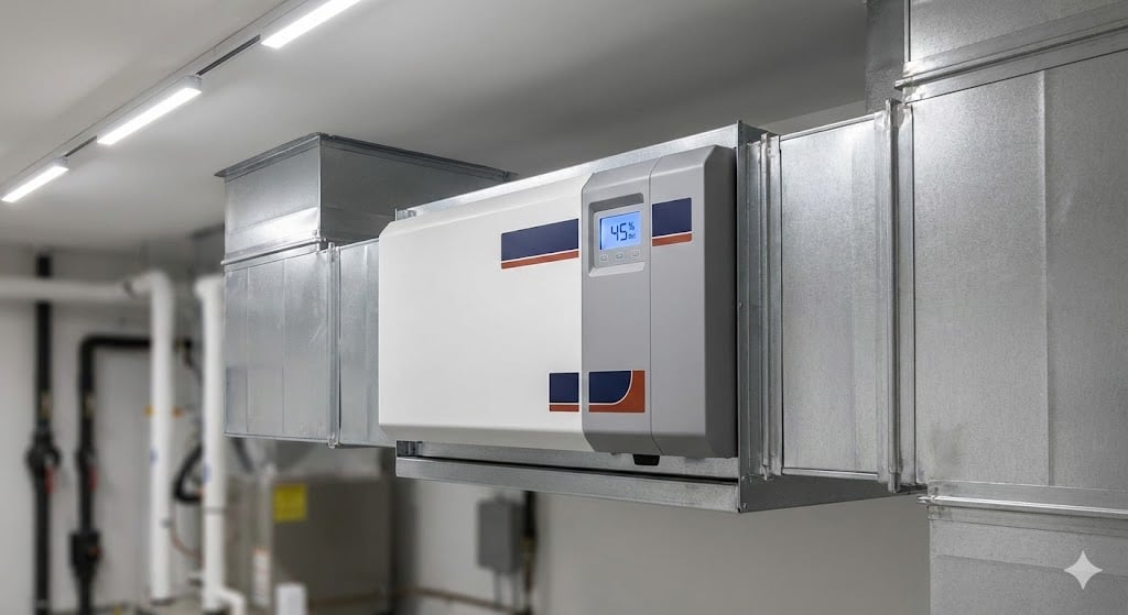 Professional-grade whole-home dehumidifier displaying 45% relative humidity, integrated into a custom-fabricated, sealed sheet metal HVAC plenum by Service Line Air & Heat in Baytown, TX.