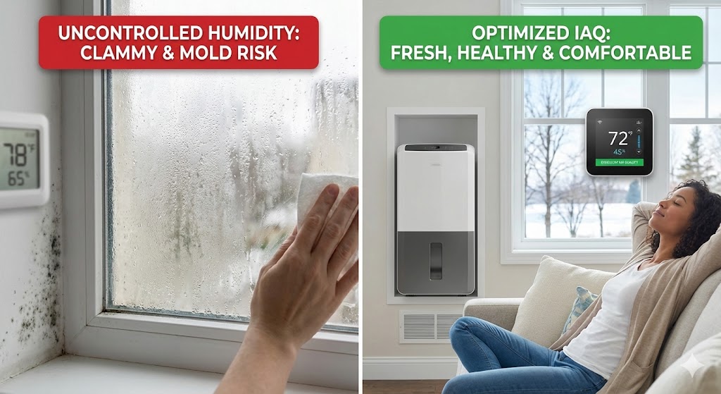 A split-screen comparison of indoor air quality. The left panel shows uncontrolled humidity with condensation on a window, mold on the frame, and a thermostat reading 65% humidity. The right panel shows a comfortable woman relaxing in a clean room with a whole-home dehumidifier and a smart thermostat reading 45% humidity.
